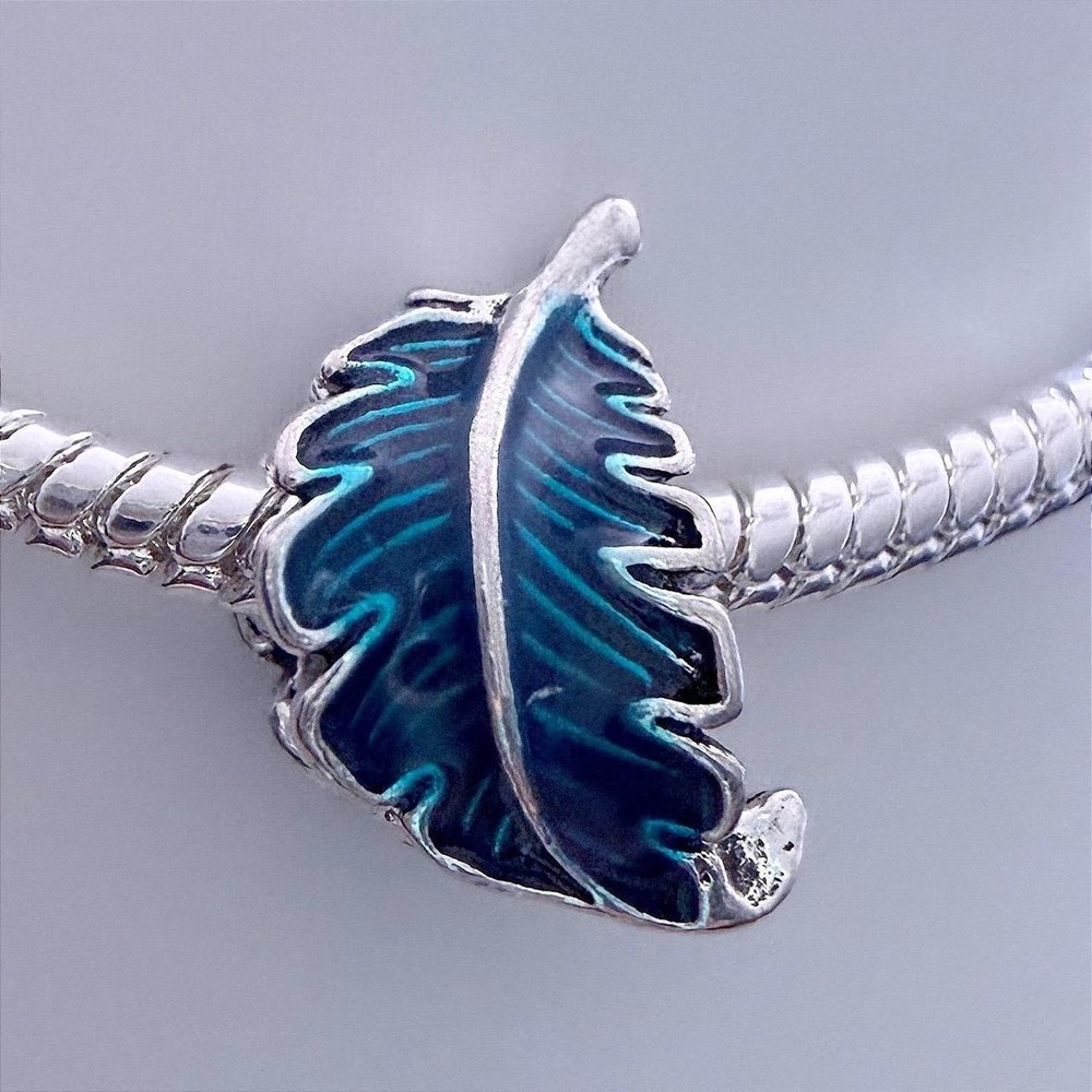 Pandora-like Silver Bead Charm Fits Snake Chain Bracelet Teal Blue Leaf Enamel